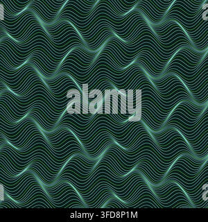 This abstract vector background features undulating mint green and teal topographic contour lines over a dark canvas, creating a subtle 3D optical Stock Vector