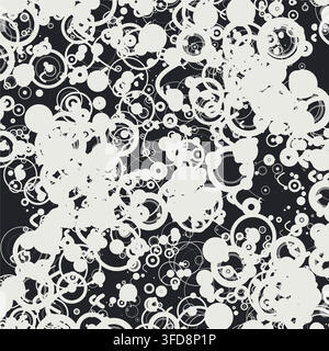 This abstract vector background features a chaotic generative network of overlapping off-white circles and rings scattered across a dark canvas. Stock Vector