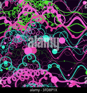 This abstract vector background features a chaotic geometric network of overlapping wavy lines, spirals, and floating circles in vibrant neon pink Stock Vector
