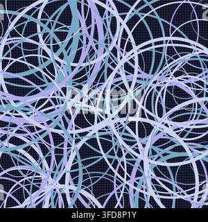 Abstract vector background featuring a dense, chaotic network of overlapping rings and circles in ocean blue and periwinkle tones over a dark halftone Stock Vector