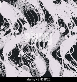 This monochrome vector background features a complex geometric matrix of overlapping white circles, wavy lines, and chaotic abstract clusters against Stock Vector