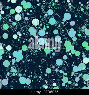 This abstract vector background features a dynamic generative pattern of floating teal, mint green, and light blue circles and rings over a dark navy Stock Vector