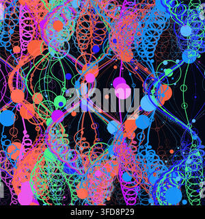 This abstract vector background features a chaotic and vibrant composition of neon circles, tangled lines, and intricate overlapping geometric Stock Vector