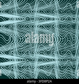 This abstract vector background features a distorted, intersecting mesh of wavy light blue and mint green lines against a dark teal canvas. Stock Vector