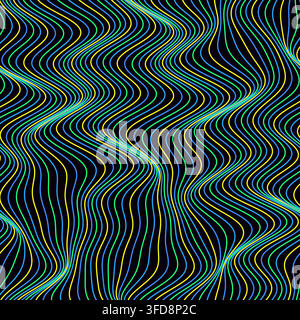 This abstract vector background features undulating wavy contour lines in vibrant neon yellow and blue against a dark canvas, creating a dynamic Stock Vector