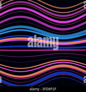 This vibrant abstract vector background features dynamic, wavy horizontal stripes with distorted edges in neon pink, blue, orange, and purple against Stock Vector