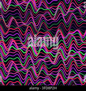 This abstract vector background features dynamic, undulating wavy contour lines in vibrant neon pink, green, and purple against a dark canvas Stock Vector
