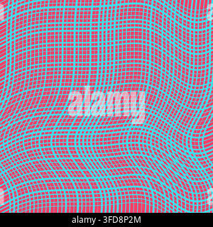 This vibrant vector background features a distorted cyan grid mesh over a bold pink canvas, creating a dynamic optical illusion effect. Stock Vector