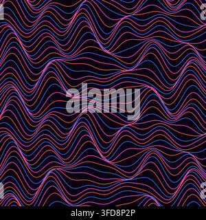 This abstract vector background features undulating neon pink and blue wavy contour lines on a dark canvas, creating a dynamic optical illusion. Stock Vector