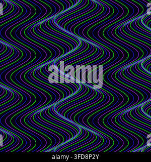 Abstract vector background featuring dynamic, undulating wavy contour lines in neon green, purple, and blue against a dark canvas, creating 3D Stock Vector