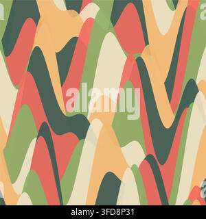 Abstract retro vector background featuring overlapping organic wavy shapes in earthy green, peach, coral, and beige tones. This mid-century modern Stock Vector