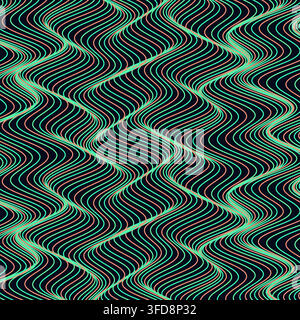 This abstract vector background features dynamic diagonal wavy contour lines in mint green and coral against a dark canvas Stock Vector