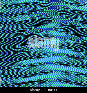 Abstract vector background with a dynamic undulating pattern of dense, distorted wavy lines in electric cyan and dark blue against a black backdrop Stock Vector