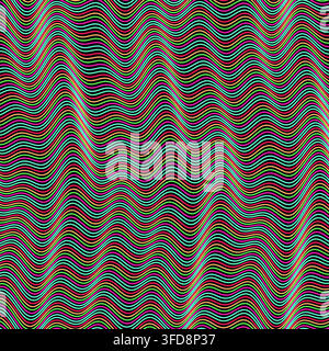 A vibrant, multi-colored abstract vector pattern featuring complex wavy lines against a black background, creating a dynamic op-art effect for B2B Stock Vector