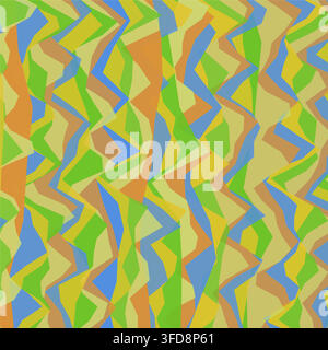 Abstract retro geometric vector background featuring interlocking angular wavy shapes in a muted palette of green, mustard yellow, orange, and blue. Stock Vector
