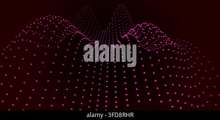Abstract digital landscape with pink glowing particles on a dark background, futuristic data visualization of a wave surface Stock Vector