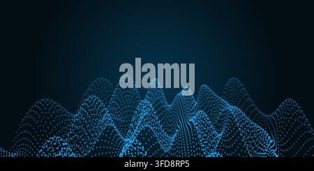 Abstract digital landscape with flowing particles and wave patterns on a dark blue background Stock Vector
