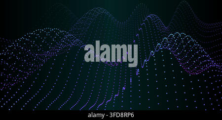 Abstract digital landscape with flowing particles and wave patterns in blue and purple tones Stock Vector