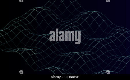Abstract digital landscape with a glowing wireframe grid surface on a dark background Stock Vector