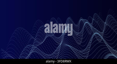Abstract digital landscape with flowing particles and wave patterns on a dark blue background Stock Vector