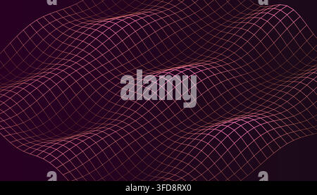 A 3D rendered abstract background featuring a wavy grid pattern with glowing pink lines, creating a futuristic and technological aesthetic. Stock Vector