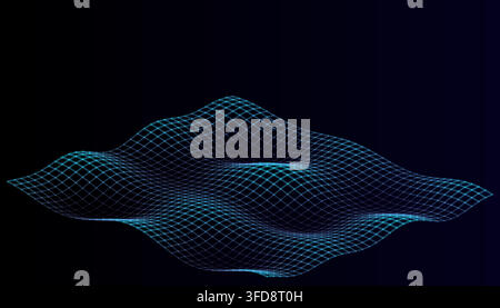A 3D visualization of a digital terrain or wave pattern, featuring a glowing blue wireframe mesh structure against a deep black background. Stock Vector