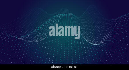 Abstract digital landscape with flowing particles and wave patterns on a dark blue background Stock Vector