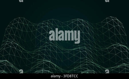 Abstract digital landscape with a glowing green wireframe mesh structure on a dark background Stock Vector