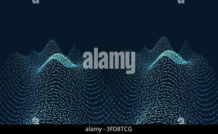 Abstract digital landscape with flowing particles and wave patterns in a dark blue background Stock Vector