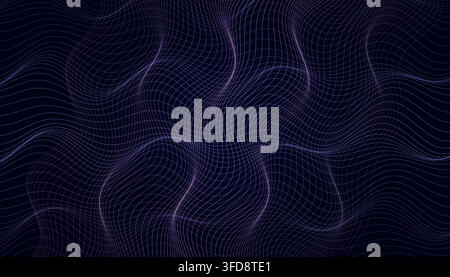 Abstract digital background with wavy lines and glowing particles in dark blue Stock Vector