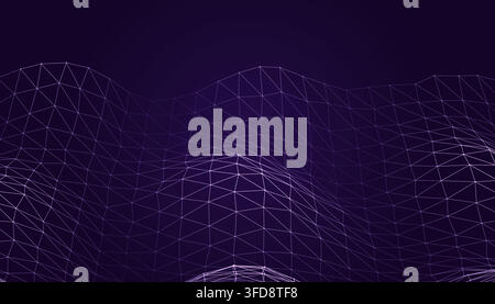Abstract digital landscape with a glowing wireframe mesh on a dark purple background Stock Vector