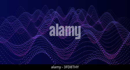 Abstract digital landscape with flowing particles and wave patterns on a dark blue background Stock Vector