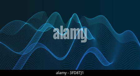 Abstract digital landscape with flowing blue wave lines on a dark background Stock Vector