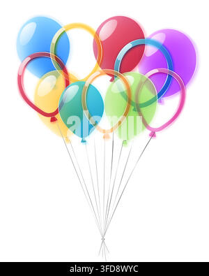 Vibrant bouquet of glossy glassmorphism balloons featuring a diverse palette of bright, translucent colors, creating a modern and ethereal floating ef Stock Vector