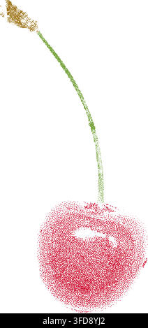 Cherry photocopy xerox effects. Trendy retro grunge collage y2k red green sweet cherry stem element. Whole fruit made in the stippling technique with Stock Vector