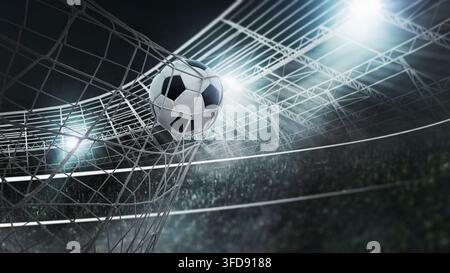 Soccer ball in soccer goal net . Close-up textured soccer net on soccer goal isolated on free background. Stock Photo