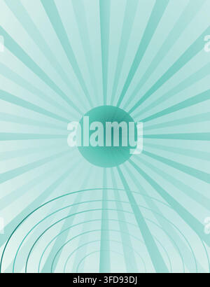 Minimalist graphic design featuring a central circular element and concentric arcs, set against a background of radiating light rays in teal. Stock Vector