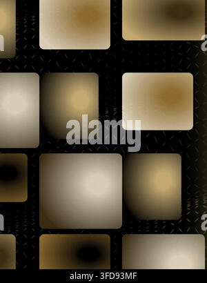 An abstract digital art background featuring a pattern of golden gradient squares arranged on a dark, textured grid surface. Stock Vector