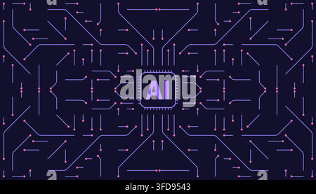 Digital illustration of a central AI processor chip connected to a complex network of electronic circuit board lines on a dark background. Stock Vector