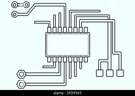 A schematic line art drawing of a central processing unit chip with various circuit paths and connection points on a light background. Stock Vector