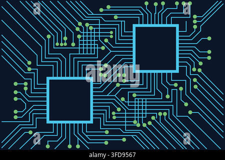 Abstract technological background featuring two integrated circuit chips connected by complex blue data pathways on a dark background. Stock Vector
