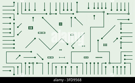 Abstract digital technology background with a green circuit board pattern, featuring electronic lines, nodes, and components on a light background. Stock Vector