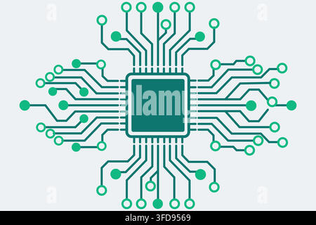 Vector illustration of a central processing unit chip with intricate circuit board pathways and connection points, representing modern technology. Stock Vector