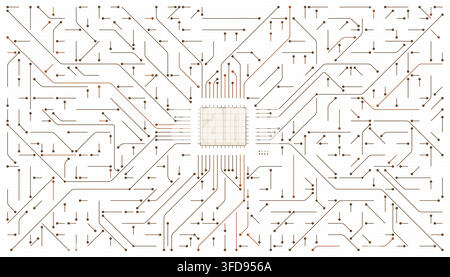 Abstract digital technology background featuring a central microchip processor with complex electronic circuit board traces radiating outwards. Stock Vector