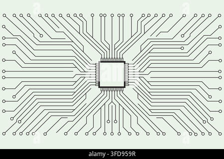 Microchip with electronic circuit lines connecting to connection points on a light green background Stock Vector