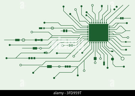 Abstract technological background featuring a central microchip processor with intricate circuit board lines and electronic components. Stock Vector