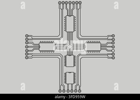 Vector illustration of a cross-shaped circuit board design featuring integrated chips and electronic pathways on a clean background. Stock Vector