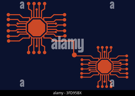 Digital illustration of two stylized orange microchips or central processing units connected by a circuit line on a dark blue background. Stock Vector