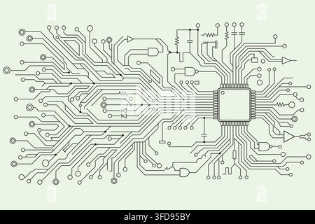 Abstract electronic circuit board design with a central microprocessor and various electronic components Stock Vector