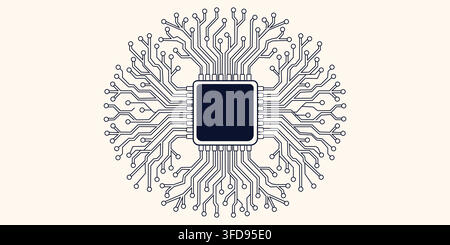 A stylized illustration of a computer processor chip with complex electronic circuit pathways spreading outwards in a symmetrical radial pattern. Stock Vector